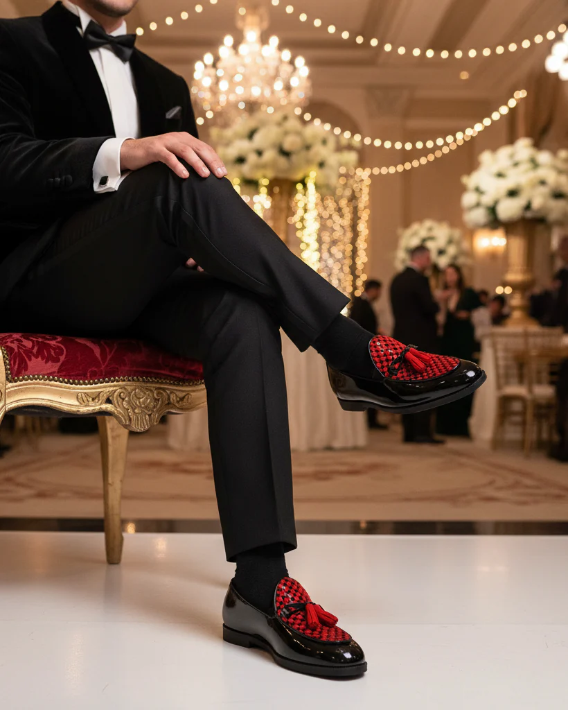 Avero - Men's Black Patent and Red Suede Hand Woven Leather Loafer - Image 6