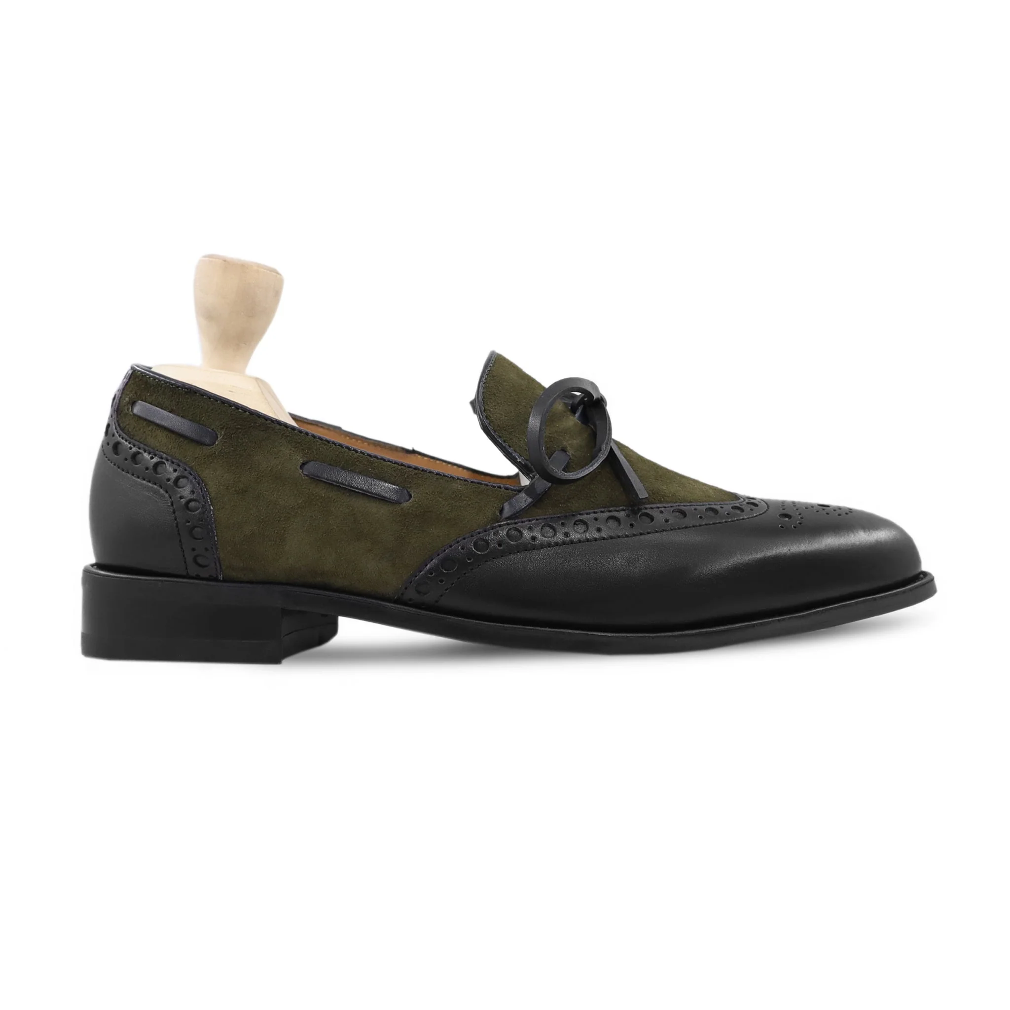 Clotar - Men's Black Calf Leather and Olive Green Kid Suede Loafer - Image 2