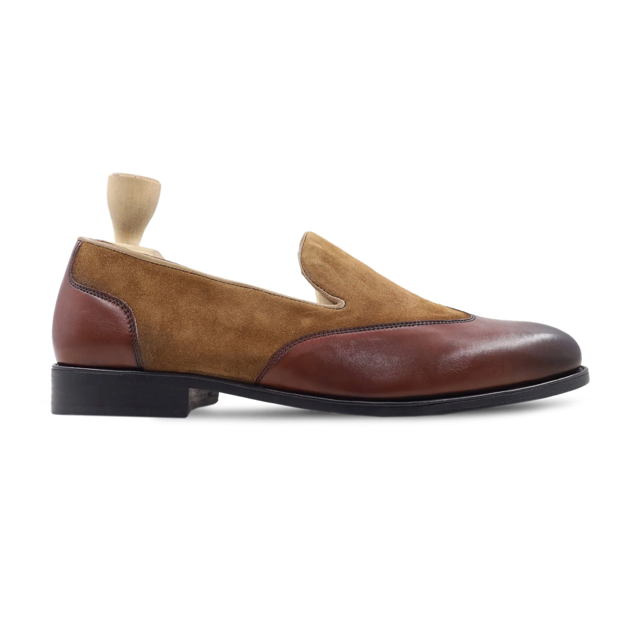 Tatsuo - Men's Oxblood Calf and Camel Kid Suede Loafer - Image 2